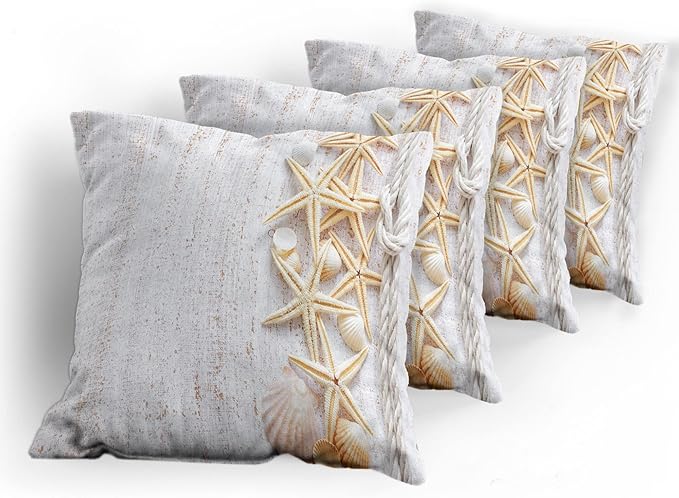 Ambesonne Seashells Throw Pillow Cushion Case Pack of 4, Starfish Marine in Vertical Direction Wood Surface Ocean Beach Nautical Print, Modern Accent Double-Sided Digital Printing, 18", Ivory Cream