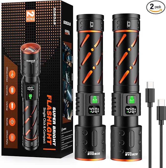 Rechargeable Flashlights High Lumens 100000 2 Pack, Super Bright 30W LED, Long Lasting 12H, Single Click 3 Modes, Multifunctional USB C Input Output LCD Power Display, for Camping Hiking Home