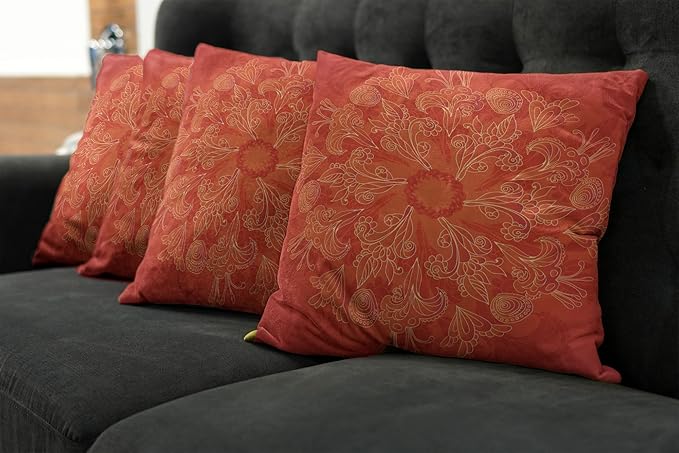 Ambesonne Red Mandala Throw Pillow Cushion Case Pack of 4, Vibrant Colored Doodle Style Nature Romantic Abstract Bouquet Art, Modern Accent Double-Sided Digital Printing, 16", Scarlet Orange