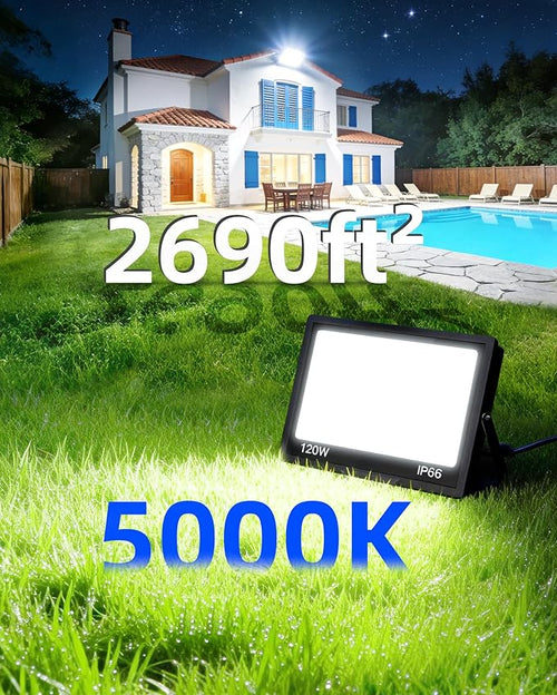 120W LED Flood Light Outdoor with Plug, 14400Lm Super Brighter Security Lights with 5ft Wire, IP66 Waterproof LED Work Light, 5000K Daylight White Exterior Floodlights for Yard Garage Stadium(2 Pack)