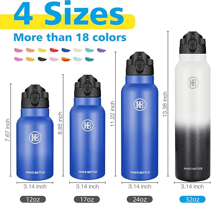 Han's Bottle Sports Water Bottle - 32 Oz, Straw Lid, Leak Proof, Vacuum Insulated Stainless Steel, Double Walled, Thermo Mug,White & Black
