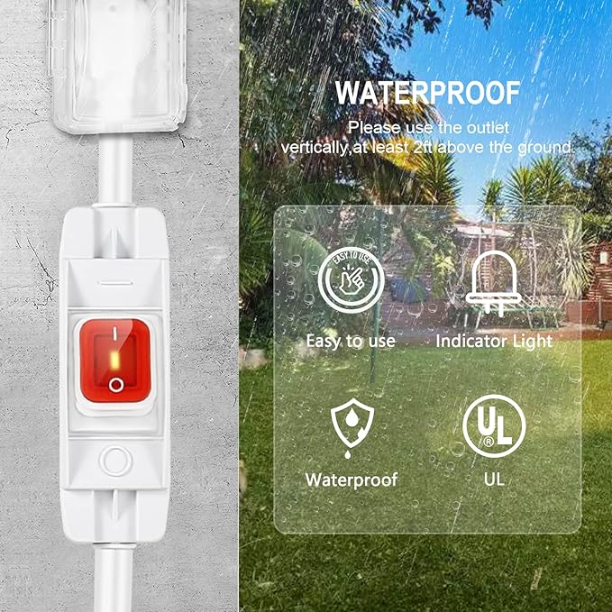 Outdoor Waterproof On/Off Switch Extension Cord, Heavy Duty 125v/250v Black SJTW Cord (10 Ft, White)