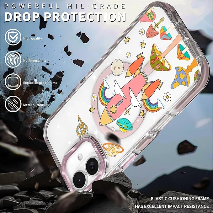 Case for iPhone 16,[Compatible with MagSafe],Spaceship Mushroom Phone Case Design，for Women Girls Magnetic Clear Cover - Slim, Sleek, & Shockproof Protection