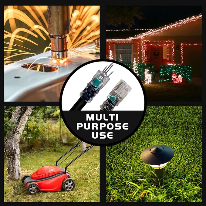 Indoor Outdoor Extension Cord Weatherproof with Lighted End, UL Certified, 16 Gauge 10FT Black 3 Prong Heavy Duty, 16/3 SJTW 13A Power Cord for Outdoor Lights, Lawn