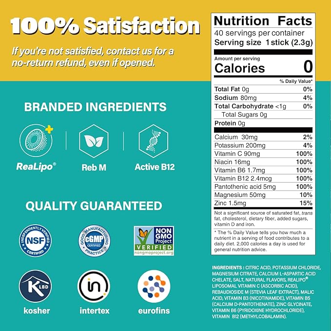 40 Sticks Sugar Free & 0 Calorie Electrolyte Hydration Packets, Low Sodium Lightly Sweet Electrolyte Powder Drink Mix, Liquid Daily IV Flavors | Lemon