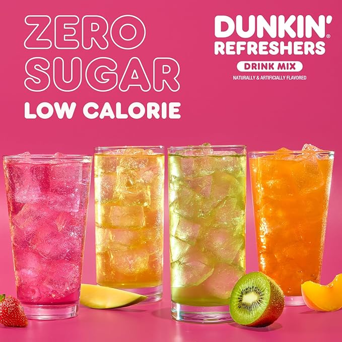 Dunkin’ Zero Sugar Refreshers Singles To Go! Powdered drink mix packets, Mango Pineapple,10 packets per box Energy from Green Tea, aspartame-free, no synthetic colors, naturally and artificially flavored, just add water