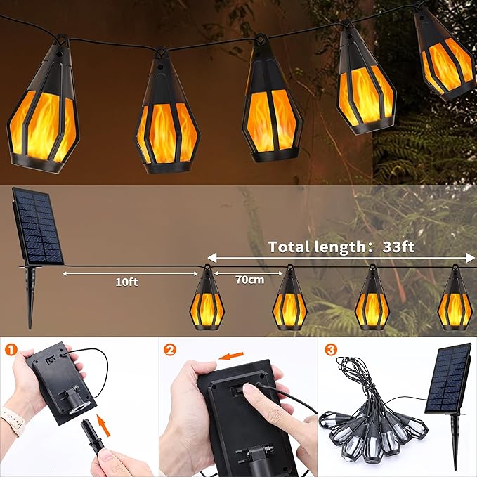 Solar String Lights for Outside, 33Ft Solar Patio Light with 15 Flickering Flame Light Bulbs, Waterproof Warm White Solar Powered Outdoor Lights for Garden Yard Patio Gazebo Bistro Cafe Party Decor