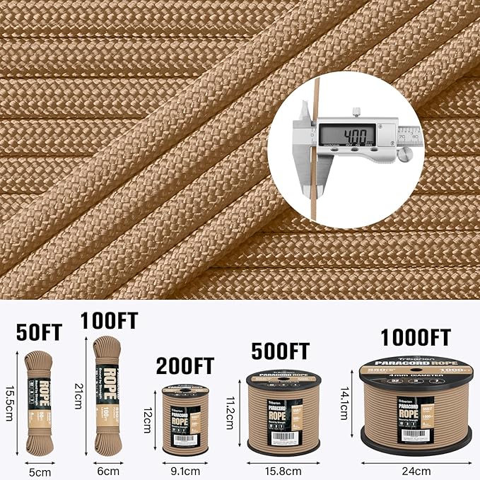 Paracord Rope 550 lb - 1000ft 5/32" Parachute Cord 4MM 7-Strand para Cord - Heavy Duty Spool String for Survival,Camping Gear, Survival Bracelet, Clothesline - Khaki