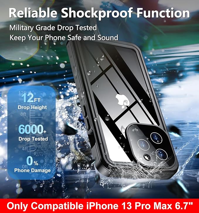 SPIDERCASE Only Designed for iPhone 13 Pro Max Case Waterproof, Built-in Lens & Screen Protector, Full Heavy Duty Protection, 12FT Military Shockproof, Dustproof, Anti-Scratched Phone Case,Black