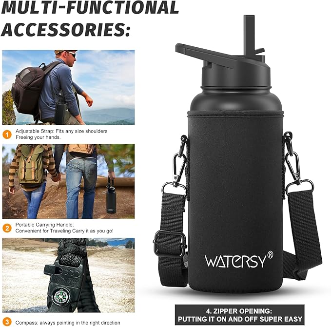 32oz Insulated Water Bottle (Cold for 48 Hrs),BPA Free&Leak Proof,Stainless Steel Water Flask,Water Jug with Straw Spout Lids for Gym,Hiking,Travel,Black