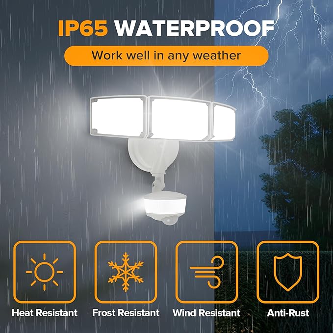LUTEC 74W 8000 Lumen Motion Sensor Outdoor Lights, 5000K Daylight, IP65 Waterproof Flood Lights Outdoor with Night Light, Dusk to Dawn Motion Detector LED Security Light for Outside Garage, Yard-White