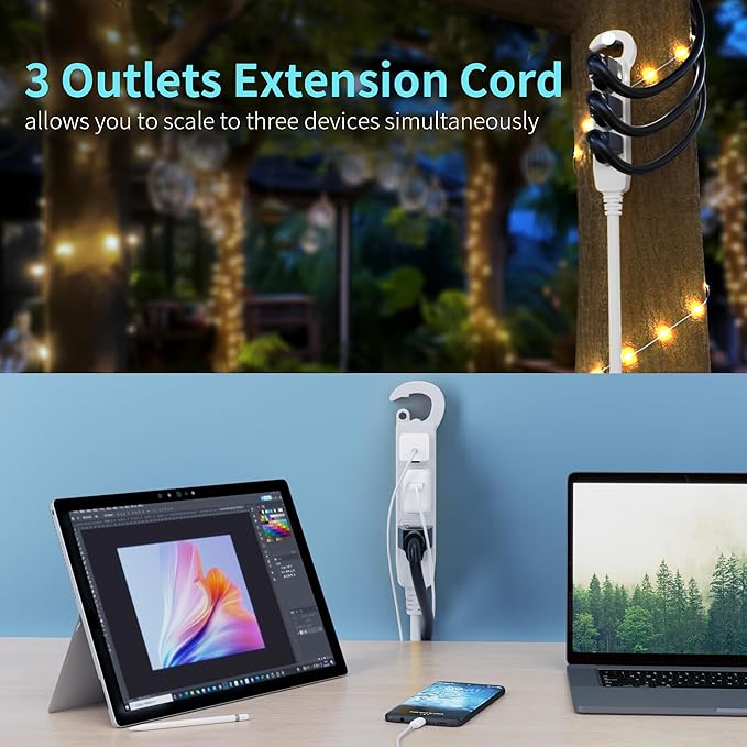 Energeaster 16/3 20Ft 3 Outlet Extension Cord Indoor, Outdoor White Extension Cords with Multiple Outlets Waterproof, 3 Prong with Multi Outlet 13A 1625W 16AWG, ETL Listed