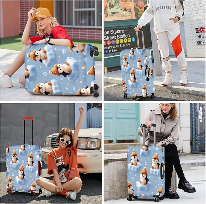 ANNA QUEEN Winter Penguin Luggage Cover, Cute Penguin on Ice Pattern Suitcase Protector, Washable Stretchable Travel Sleeve for 28-30 Inch Luggage