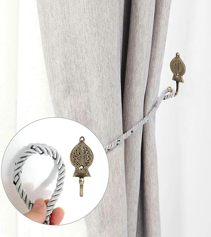 FAPBADRI Multipurpose Hooks, Used to Hang Clothes, Bags, Coats, Curtain Hold Backs, Keys, Colour - Antique Gold, Material - Brass, Retro Design, Screws and Wallplugs Included, Pack of 4 Pieces