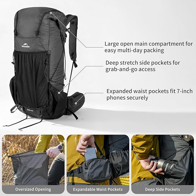 Naturehike 60L Rock 2.0 Upgraded Internal Frame Hiking Backpack for Outdoor Camping Travel Backpacking, Ultralight Backpack for Adults(Black/M/60L)