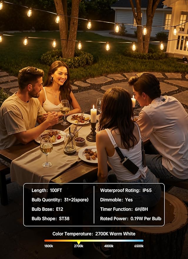 Minetom 100FT Outdoor-String-Lights with Remote, 31+2 Shatterproof ST38 LED Bulbs, Waterproof Patio Lights with 3 Modes, Dimmable & Connectable 2700K Hanging Lights for Backyard Porch Deck Balcony