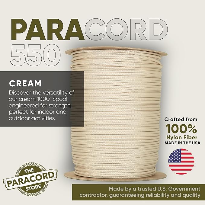 The Paracord Store | Type III 550 Paracord - 250 FT Spool, Cream | Heavy Duty 7 Strand Tactical Paracord - USA Made Nylon Outdoor Parachute Cord for Camping, Fishing & More - Survival Cord