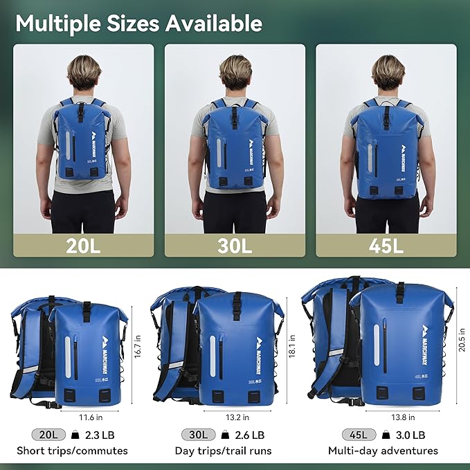 MARCHWAY Roll Top Waterproof Backpack, Floating Dry Bag 20L/30L/45L with Ergonomic Rectangular Base, Cushioned Back, Hip Strap for Hiking Camping Kayaking Travel (Blue, 45L)