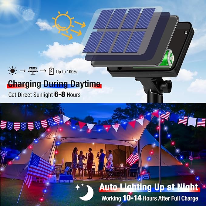 btfarm 4 Pack Red White and Blue Solar Fairy Lights, 4th of July Solar String Lights Outdoor Waterproof, 320LED 132FT Memorial Independence Day Patriotic Decorations for Outside Tree Garden Patio Yard