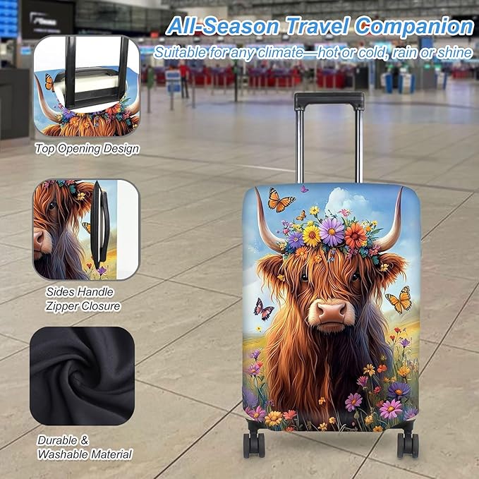 Luggage Cover Protector for 19-20 Inch Suitcases, TSA Approved Elastic Travel Suitcase Covers, Anti-Scratch Washable Luggage Sleeve for Carry On & Checked Bags, Cute Highland Cow