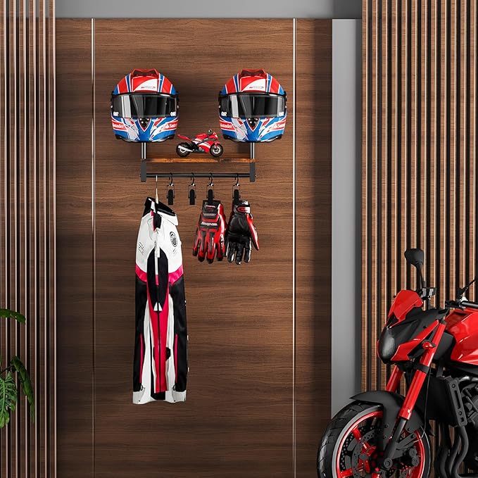 Motorcycle Helmet Holder Wall Mount, Helmet Rack with 4 Glove Clips, Motorcycle Gear Rack Storage, Motorcycle Accessories Organizer for Entryway or Garage