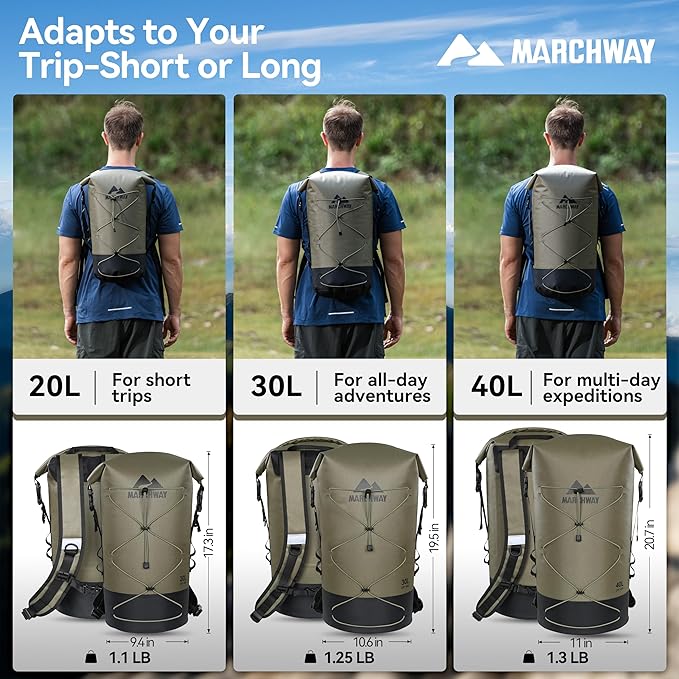 MARCHWAY Floating Roll Top Dry Bag, Flexible Lightweight TPU Waterproof Backpack 20L/30L/40L with Padded Straps for Boating, Kayaking, Swimming, Hiking, Beach (Green, 40L)