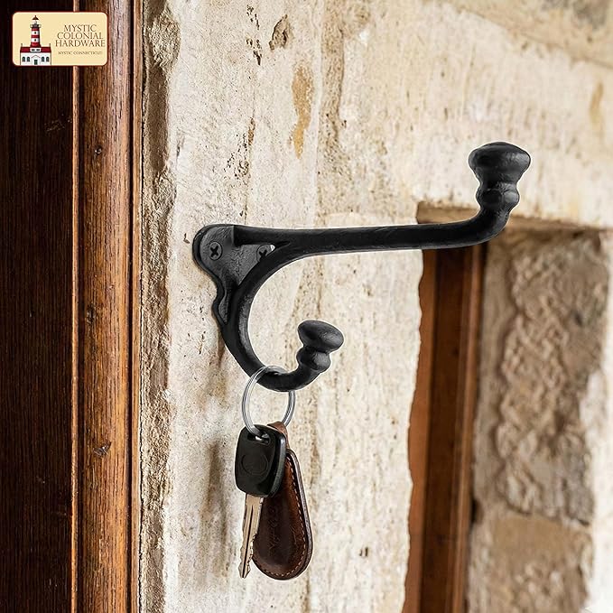 Mystic Colonial Rustic Cast Iron Wall Hooks Heavy Duty Retro Utility Hooks for Hanging Coat, Bag, Towel, Robe, Hat & More Decorative Wall Mount Hooks, Pack of 2, Black