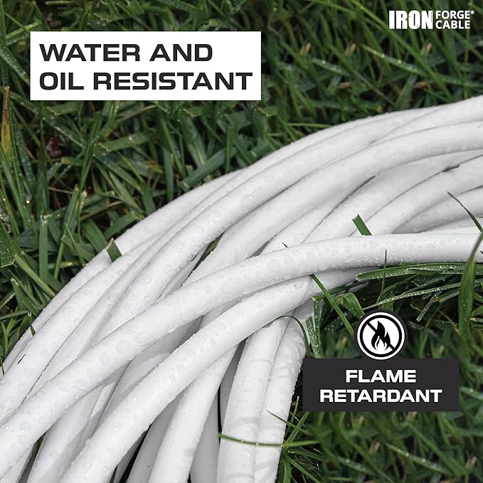 Iron Forge Cable 50ft White Outdoor Extension Cord with 3 Outlets - 14/3 SJTOW Oil Resistant 15 Amp 50ft Extension Cord 3 Prong - Multiple Outlets
