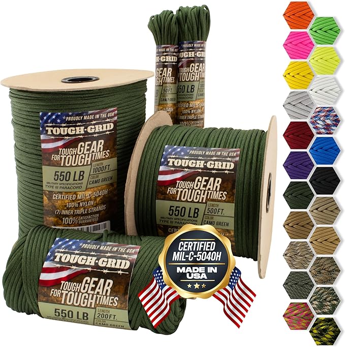 TOUGH-GRID 550 Paracord, Type III Mil-Spec Nylon Rope - 200 Ft Camo Green Tactical Survival Cord