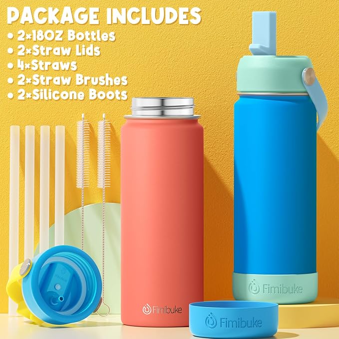 Fimibuke Kids Insulated Water Bottle, 18oz BPA FREE Kids Cup with Straw Double Wall Vacuum Tumbler 18/8 Stainless Steel Leak Proof Toddler Water Bottle for School Boys Girls (2 Pack,Underwater World)