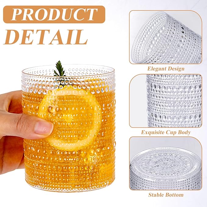 18PCS Plastic Hobnail Drinking Glasses - 14 Oz Clear Vintage Glasses Mixed Drinkware Sets - Disposable Beaded Cups for Beer, Whiskey, Juice, Cocktail, Wine, Party