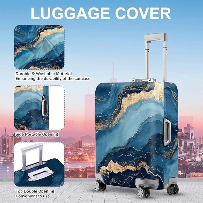 ANNA QUEEN Blue Marble Luggage Cover, Modern Gold Vein Abstract Design Suitcase Protector, Washable Stretchable Travel Sleeve for 28-30 Inch Luggage