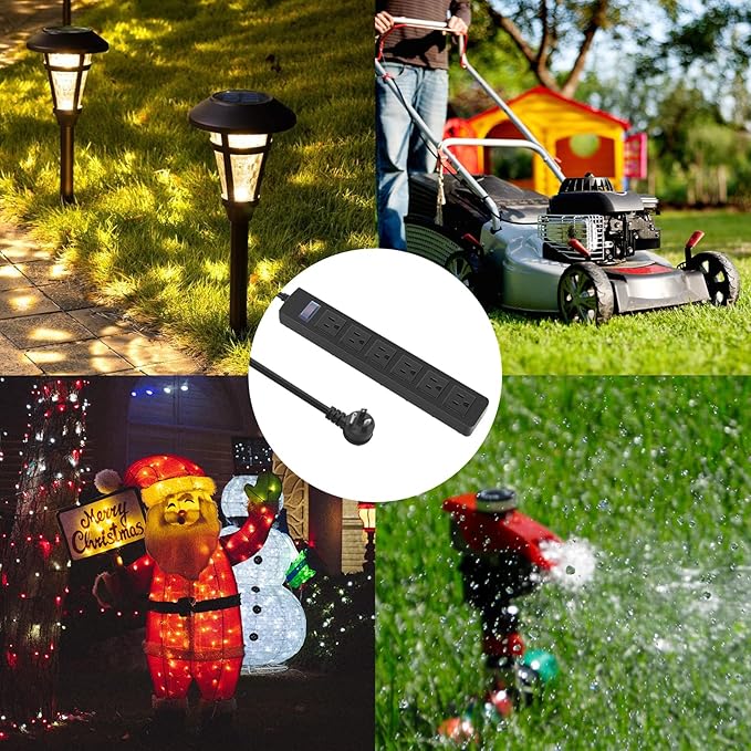 Outdoor Power Strip Waterproof with 6 Outlets, Garden Weatherproof Surge Protector, Christmas Multiple Outlet Exterior Socket for Lighting Appliances. 6FT Extension Cord Strip with Flat Plug. Black