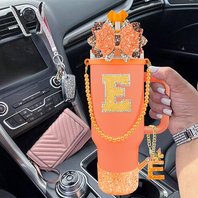 9PCS Orange for Stanley Cup Accessories Set Bling Initials Bow Charms for Stanley Decorations 30/40 Oz Tumbler Accessories Including Bow Straw Topper, Handle Strap, Spill Stopper（Letter E）