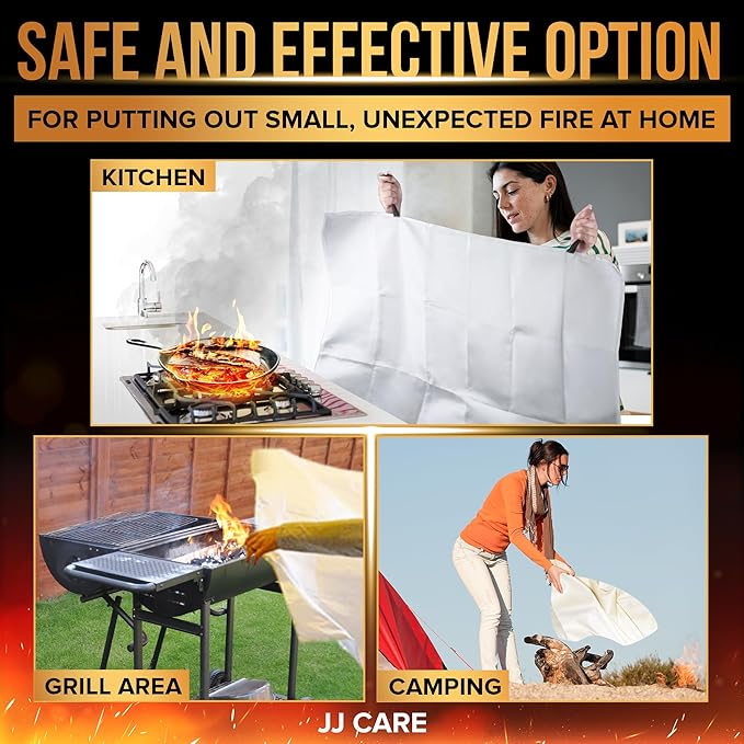 JJ CARE Fire Blanket – 3 Packs with Hooks – 40” x 40” Fire Blankets Emergency for Home and Kitchen, High Heat Resistant and Flame Protection for Kitchen, Car, Office, Camping & Home Safety