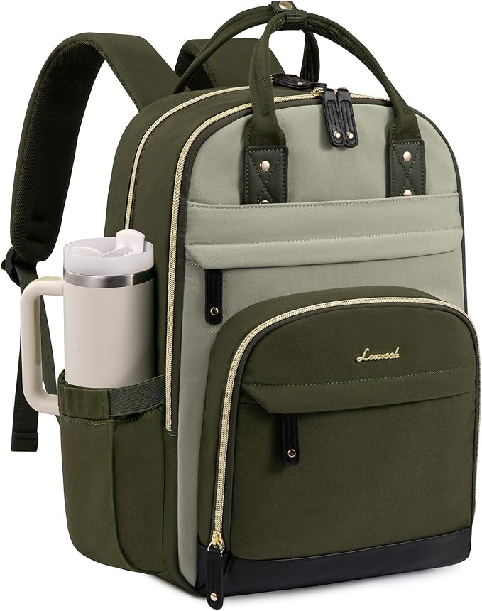 LOVEVOOK Laptop Backpack for Women with Giant Tumbler Holder Pocket,17.3 inch School College Book Bag Nurse Teacher Backpack,Work Travel Backpack Laptop Computer Bag,Olive green-Bean green-Kelp green