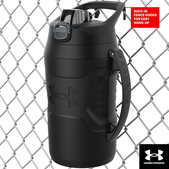 Under Armour Half Gallon Water Bottle Insulated, 64oz Insulated Water Bottle with Handle, Fence Hook, Leak Resistant, for Baseball, Football & More - Jet Grey/Black