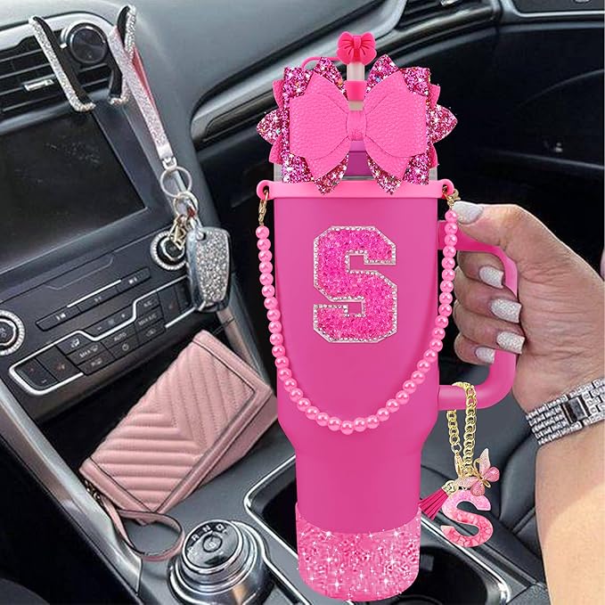 9PCS Hot Pink for Stanley Cup Accessories Set Bling Initials Bow Charms for Stanley Decorations 30/40 Oz Tumbler Accessories Including Bow Straw Topper, Handle Strap, Spill Stopper（Letter S）
