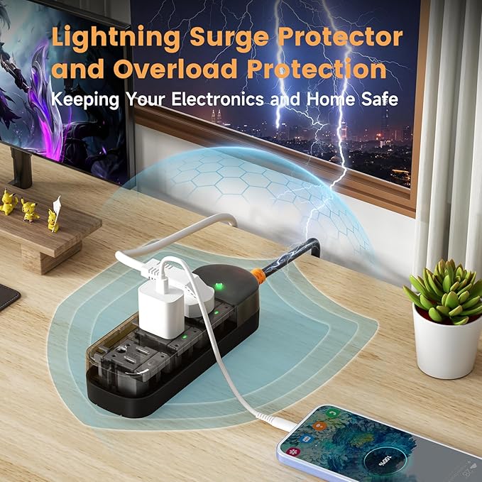 Outdoor Power Strip Weatherproof 10 FT Extension Cord Waterproof Surge Protector Power Strip, 3 AC Outlets, 1625W Overload Protection, for Camping, Home, Office, Garden, FCC UL Listed