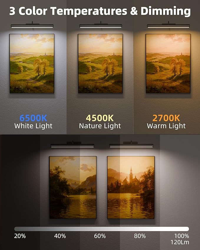EZVALO 16in Picture Lights for Wall, Rechargeable 6000mAh Cordless Art Lights with Remote, 3 Color Temperatures LED Painting Lights for Artwork, Frames, Gallery (Black, 2Pack)