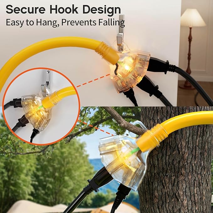 6 ft 10 Gauge Heavy Duty 3 Outlet Extension Cord Splitter with Indicator, Waterproof Outdoor Extension Cord with Multiple Outlets, 15A 1875W for Workshop, ETL Listed, Flexible Yellow SJTW