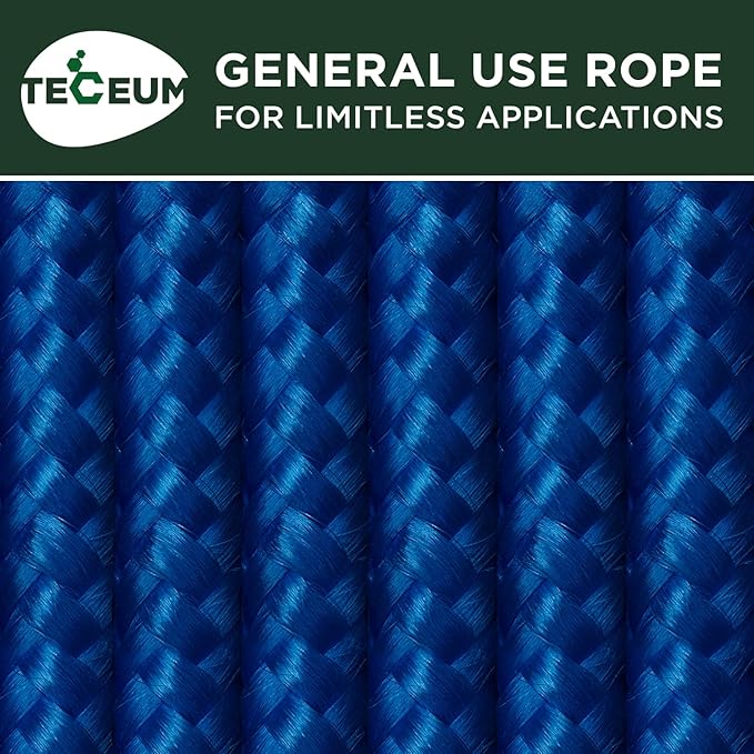 TECEUM Rope – 150 Feet x 1/4 Inch (7mm) – Blue – Strong All-Purpose Utility Rope – Camping, Crafting, Flag Pole, Indoor & Outdoor – Polypropylene Nylon Poly Lightweight Diamond Braided Cord