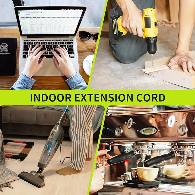 16/3 Black Extension Cord 8 FT, Indoor Extension Cord for Laptops, Coffee Makers, Office Home Appliances, 3 Prong Resistant Cable Flexible, 13A 125V 1625W ETL Listed