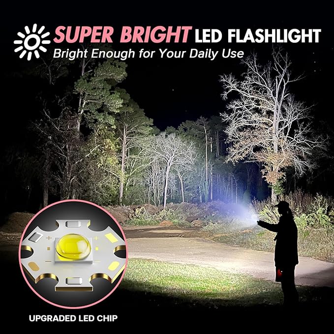 WdtPro LED Flashlight High Lumens SR2000 Pro, 2 Pack Brighter Tactical Flashlights with 5 Modes & Zoomable, Powerful Mini Flash Light for Emergency, Camping, Hiking (Pink)