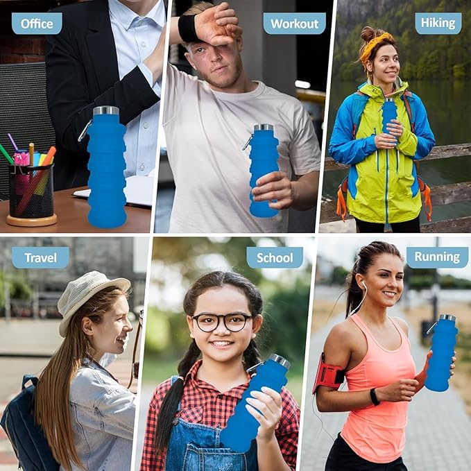 Collapsible Water Bottles 24oz, Odorless BPA-Free Silicone, Leak-Proof Foldable Reusable Bottle - Perfect for Travel Sports Gym Hiking Camping Cycling - Light Blue
