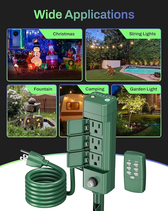 BN-LINK Outdoor Power Stake Timer, 100FT Wireless Remote Control, Dusk to Dawn Sensor for Outdoor Lights, 6 Grounded Outlets, 6ft Extension Cord, 1875W/15A,Christmas Decorations, ETL Listed