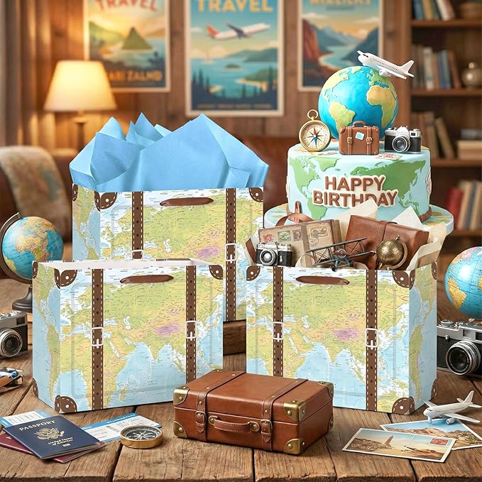 Vintage Suitcase Gift Bag Travel Birthday Wrapping Paper Bag with Card and Tissue Paper World Map Adventure Gift Wrap Bag for Birthday Retirement Graduation Wedding Bride Shower Farewell Party
