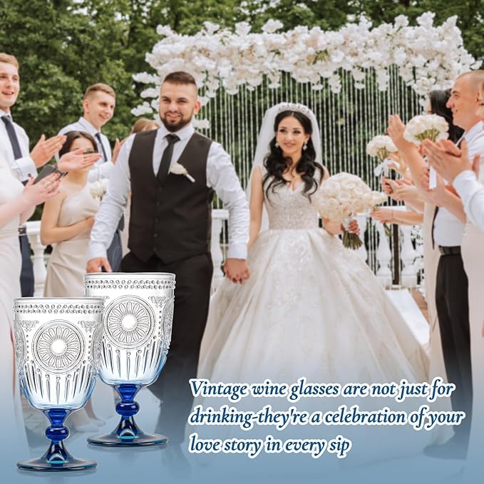 XUWAIDSGN 24Pcs Plastic Vintage Wine Glasses 13.5oz Reusable Embossed Goblet Glasses Blue Gradient Retro Wine Glassware Unbreakable Stemmed Champagne Water Cups for Wine Cocktail Juice Wedding