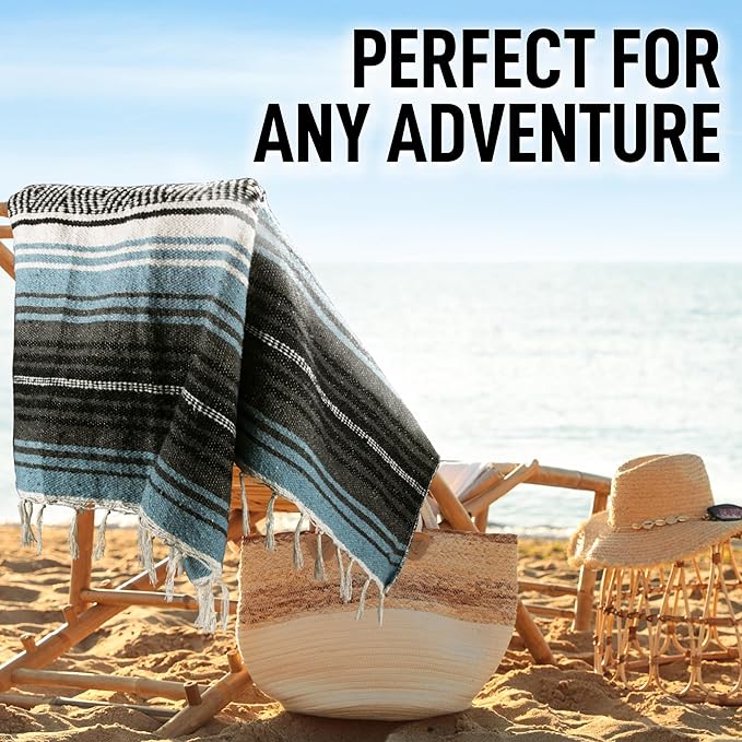 Hydration Nation Authentic Large Handwoven Mexican Blanket - Soft Yoga- Durable Serape- Lightweight Falsa, Beach, Camping, Picnic, Outdoor Blanket 70"x50" - Aqua Sky