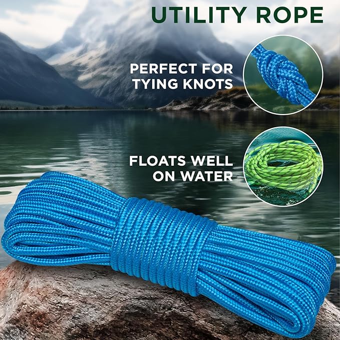 TECEUM Rope – 90 Feet x 3/8 Inch (10mm) – Sky Blue – Strong All-Purpose Utility Rope – Camping, Crafting, Flag Pole, Indoor & Outdoor – Polypropylene Nylon Poly Lightweight Diamond Braided Cord